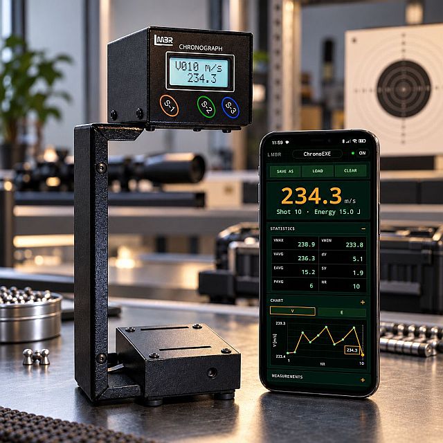 LMBR Chrono-R2H chronograph with airgun pellets, smartphone measurements and a target for FT and HFT