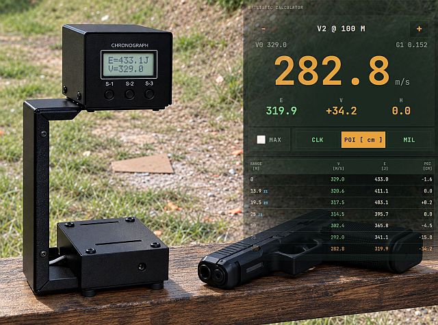 LMBR chronograph and smartphone displaying measured velocity and shot-series statistics