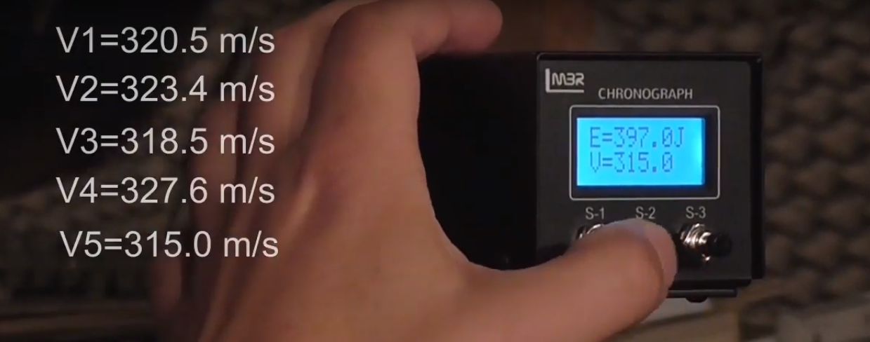 LMBR chronograph displaying velocity measurements from a shot series