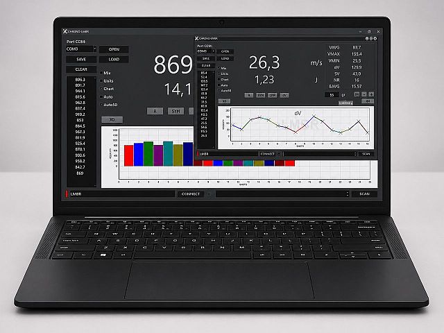 LMBR Windows software with shot table, velocity statistics and a chart